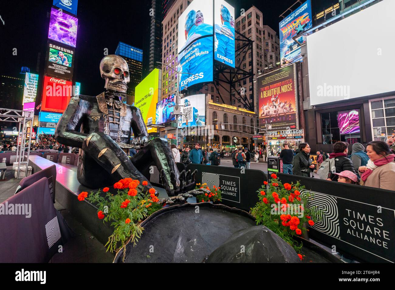 Day of the dead sculptures in times square in new york on wednesday