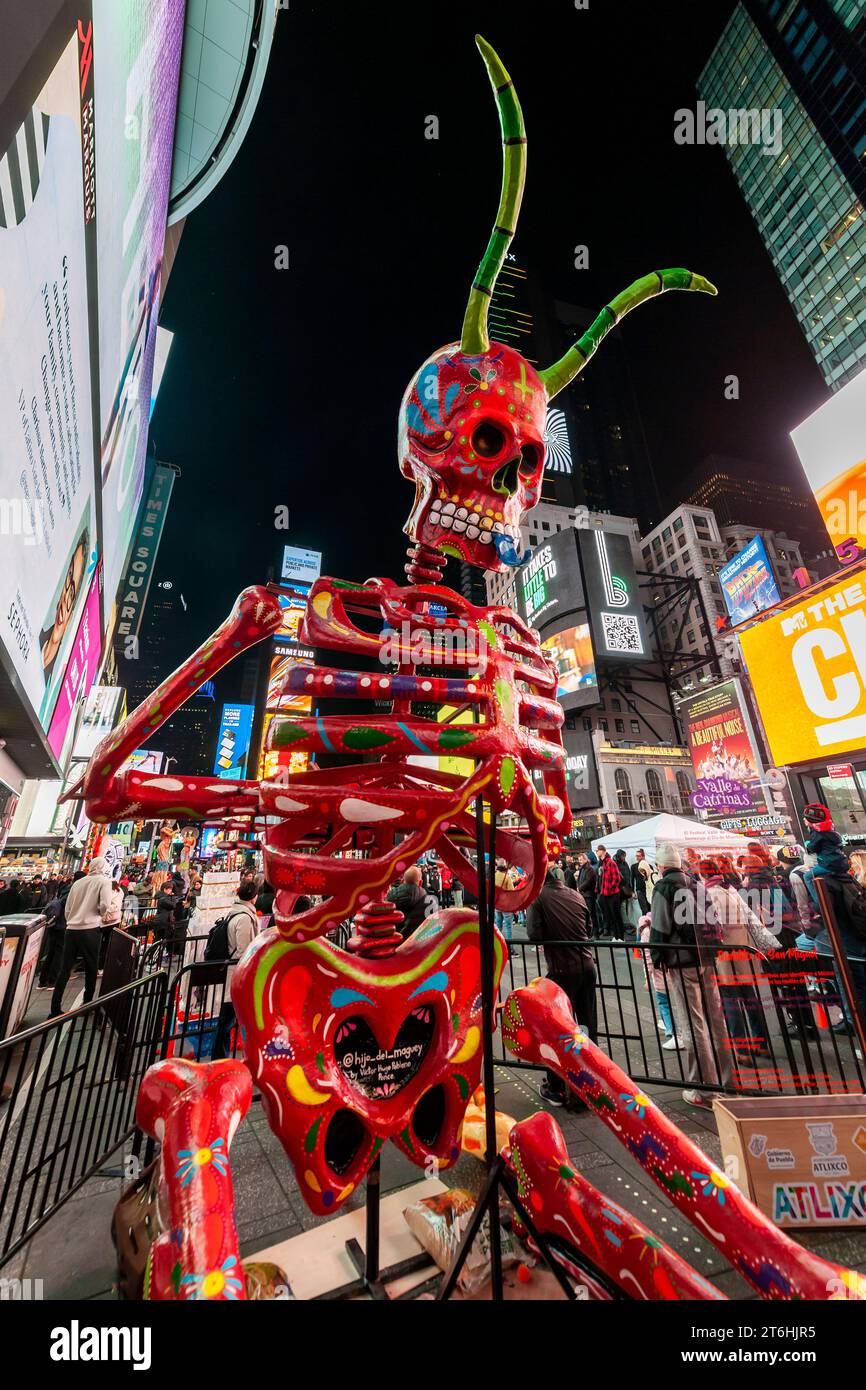Day of the dead sculptures in times square in new york on wednesday