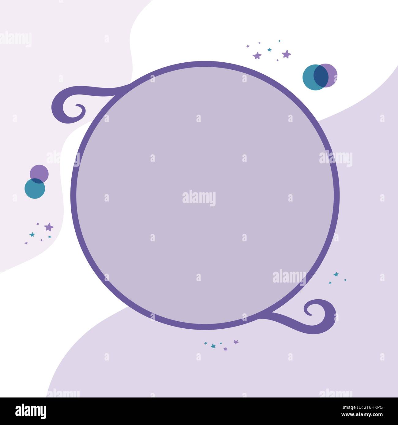 Purple circle shaped frame with copy space for text or photo. Simple template decorated with stars and shapes. Vector illustration Stock Vector