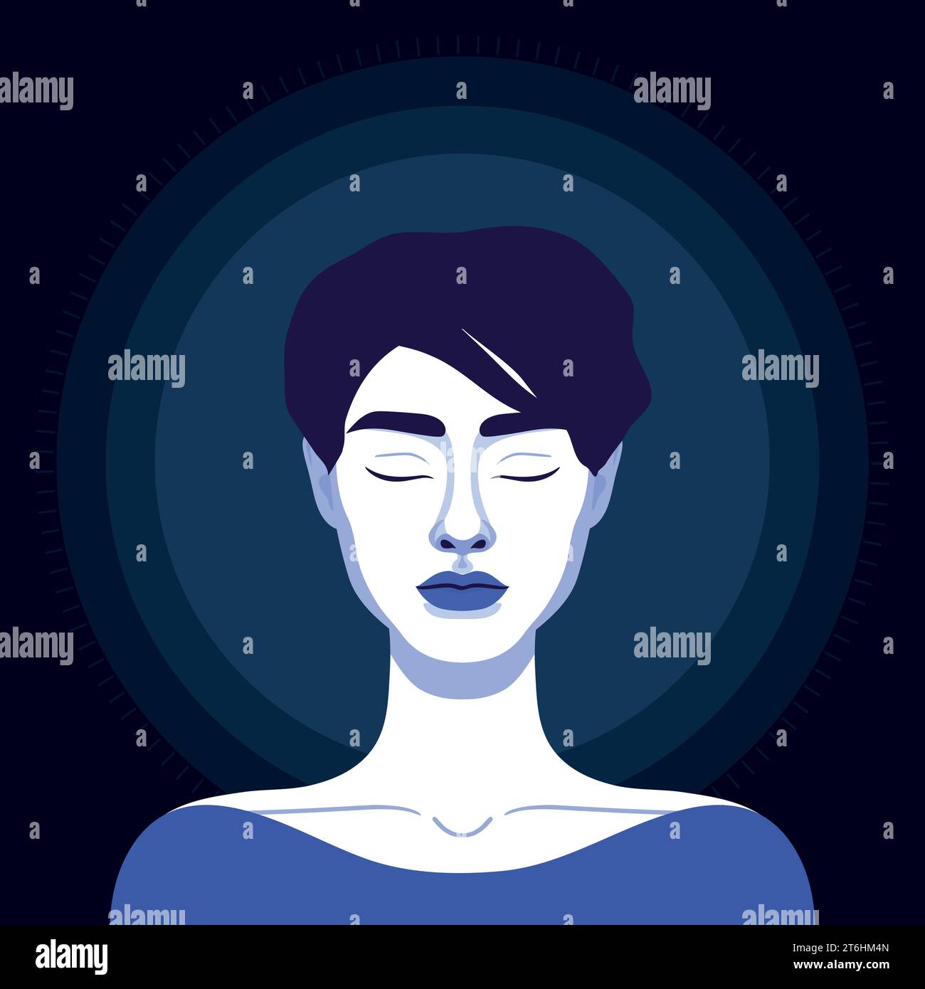 Beautiful woman with closed eyes on dark blue background with a halo. Portrait or an avatar of a girl. Vector illustration Stock Vector