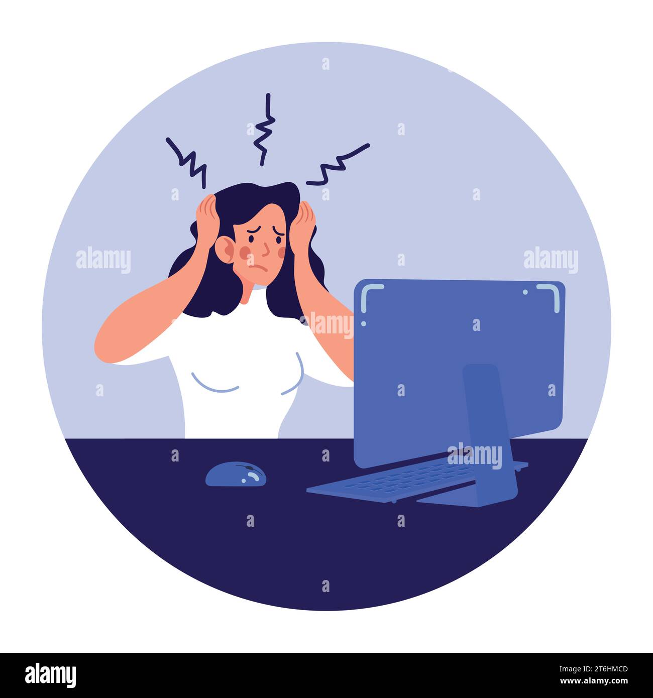 Confused female worker sitting at the office desk. Frustrated woman employee with a problem. Vector illustration Stock Vector