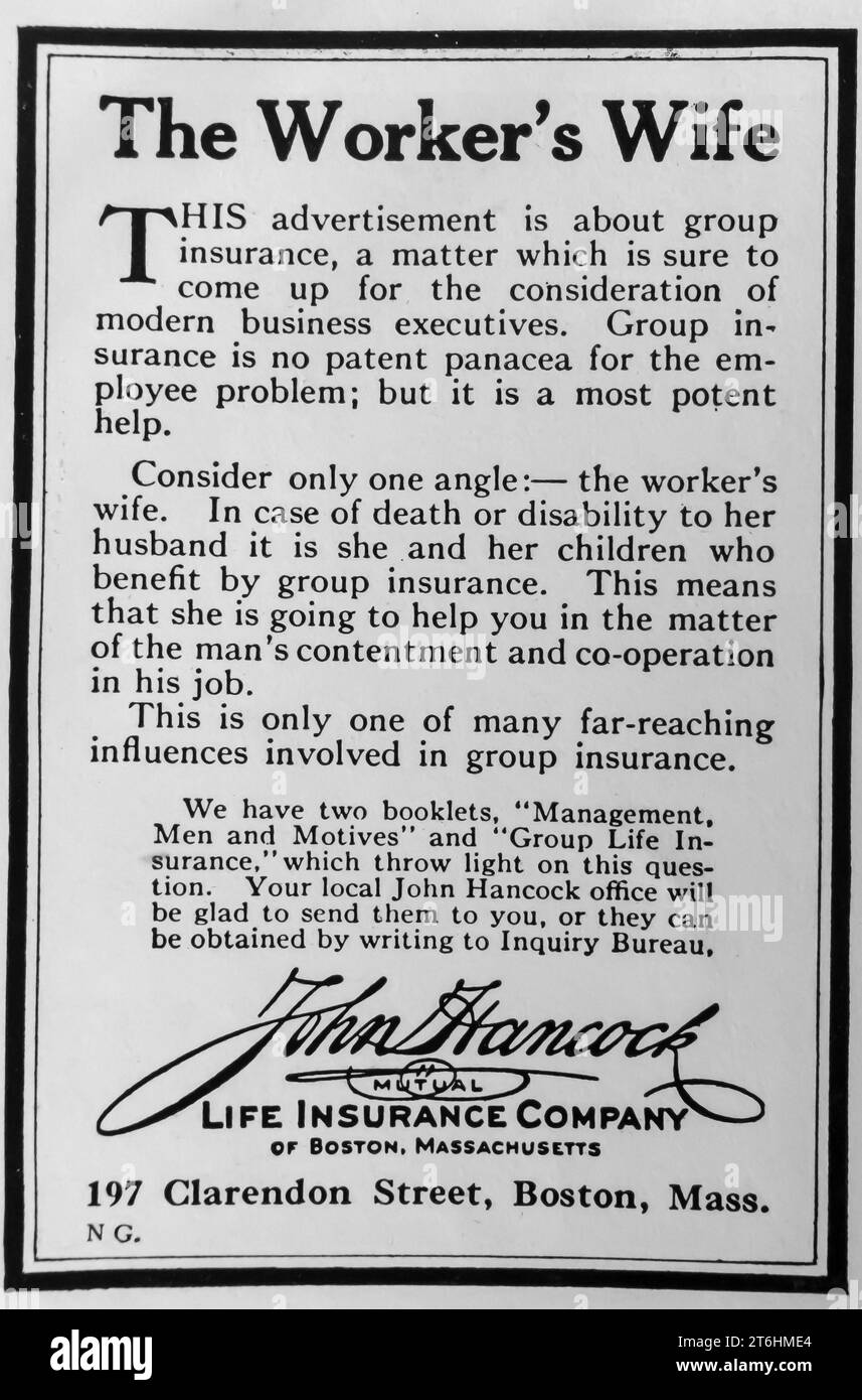 John Hancock Life Insurance:advert in a magazine 1927 Stock Photo