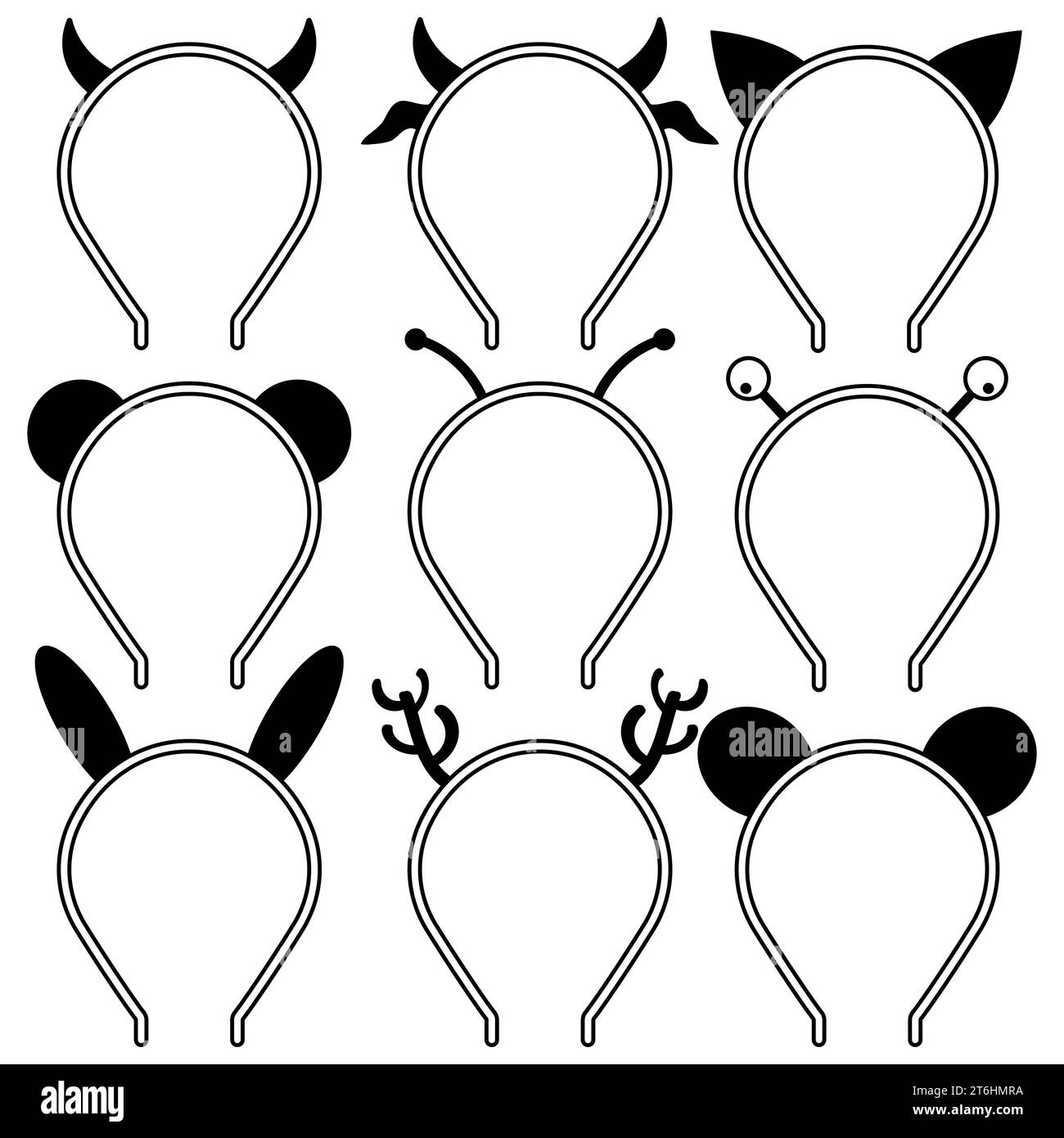 Set of headbands, headdresses, hearbands with ears and horns animals and other characters. Set of icons horns devil, cow, deer, bee. Stock Vector
