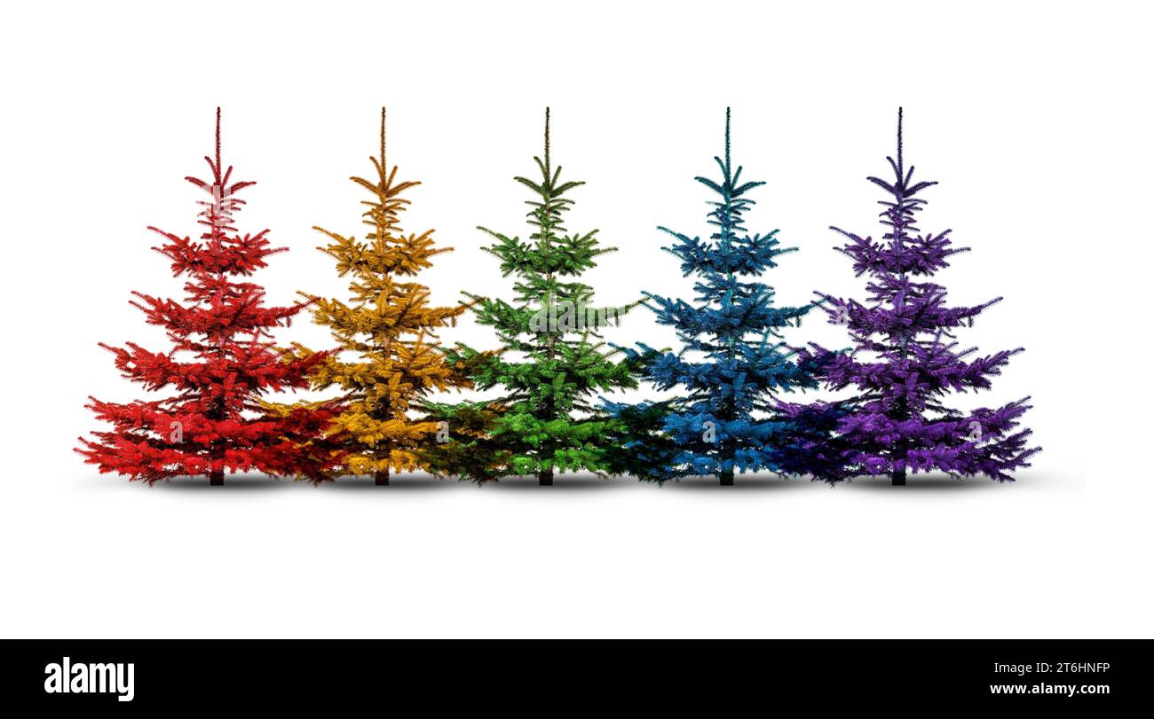 Colorful Christmas trees in rainbow colors Stock Photo