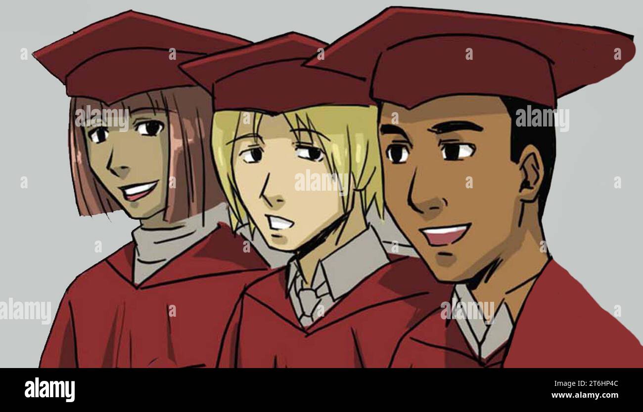 Color illustration showing two males and a female wearing graduation garb and of different races. Stock Photo