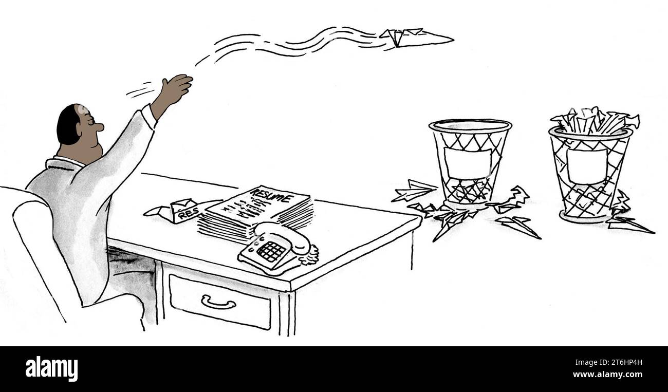 Color illustration of a black HR - Color Illustration Of A Black Hr Manager Making Paper Airplanes Out Of Resumes 2T6HP4H 
