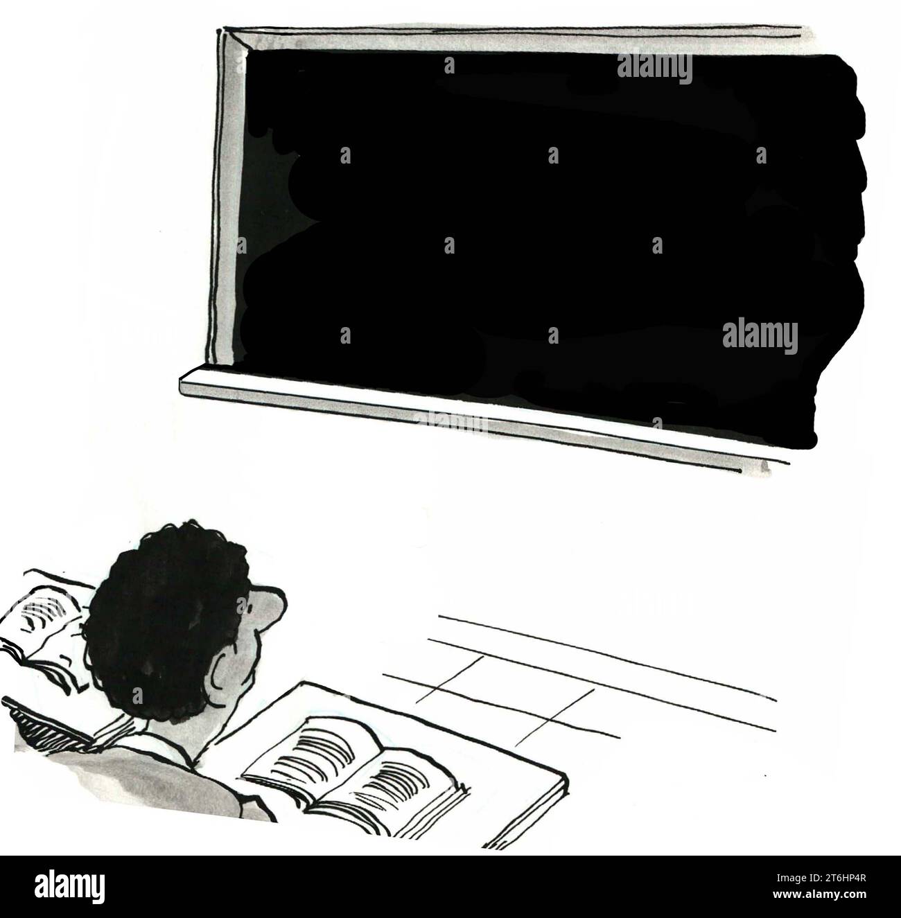 Black and white illustration of an African American male student sitting in a classroom and looking at the blackboard. Stock Photo