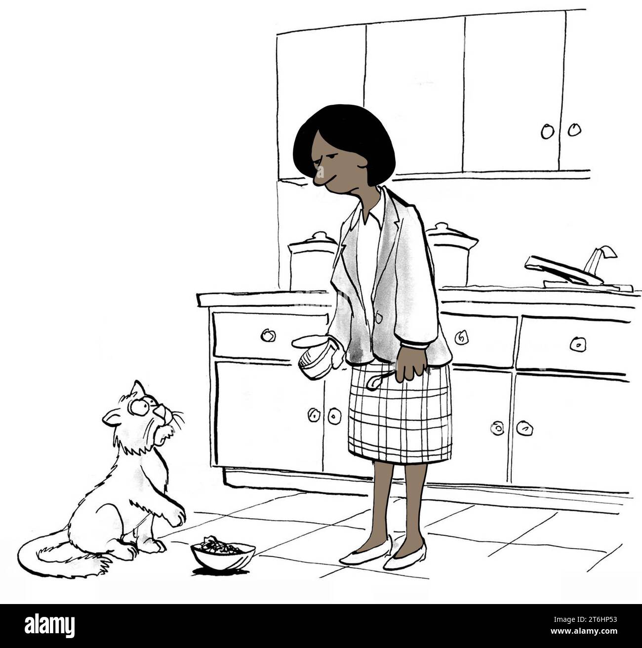 Color illustratio of a black businesswoman, after work, feeding her cat and the cat does not like the food. Stock Photo