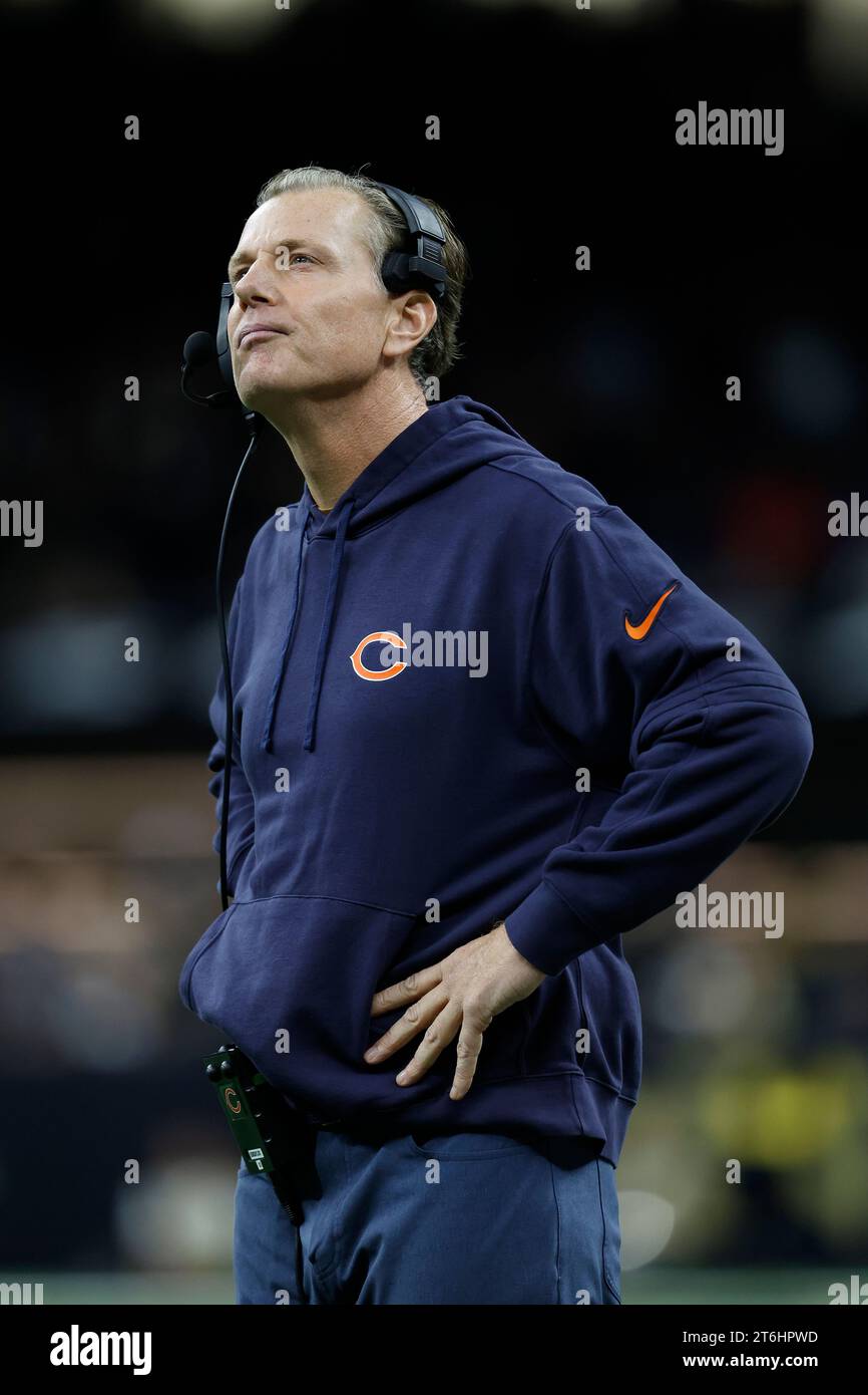 Chicago Bears head coach Matt Eberflus reacts to a call during an NFL ...