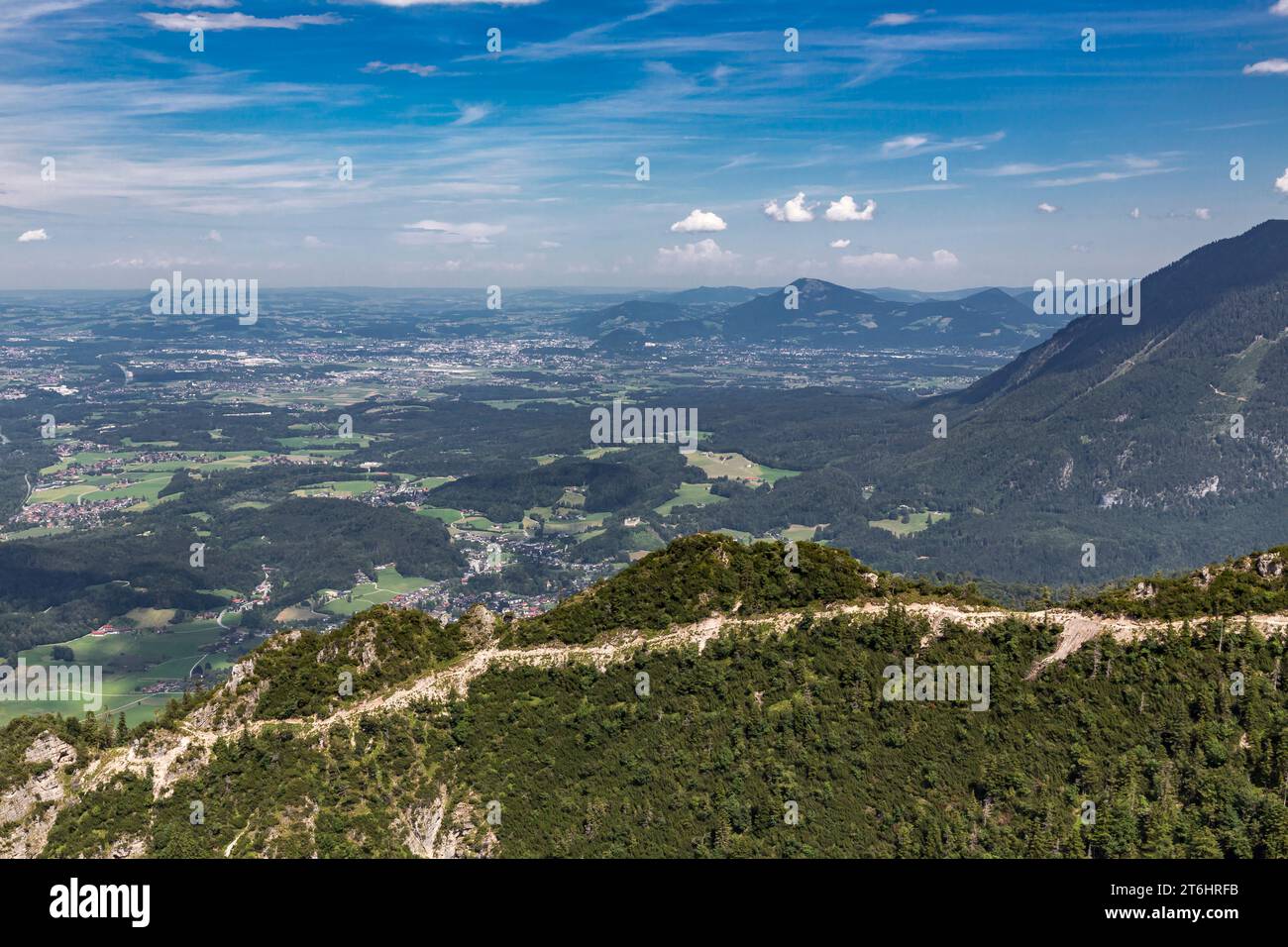 View from Predigstuhl cable car gondola to Salzburg and Salzburg mountains, Berchtesgaden Alps, Bavaria, Germany, Europe Stock Photo