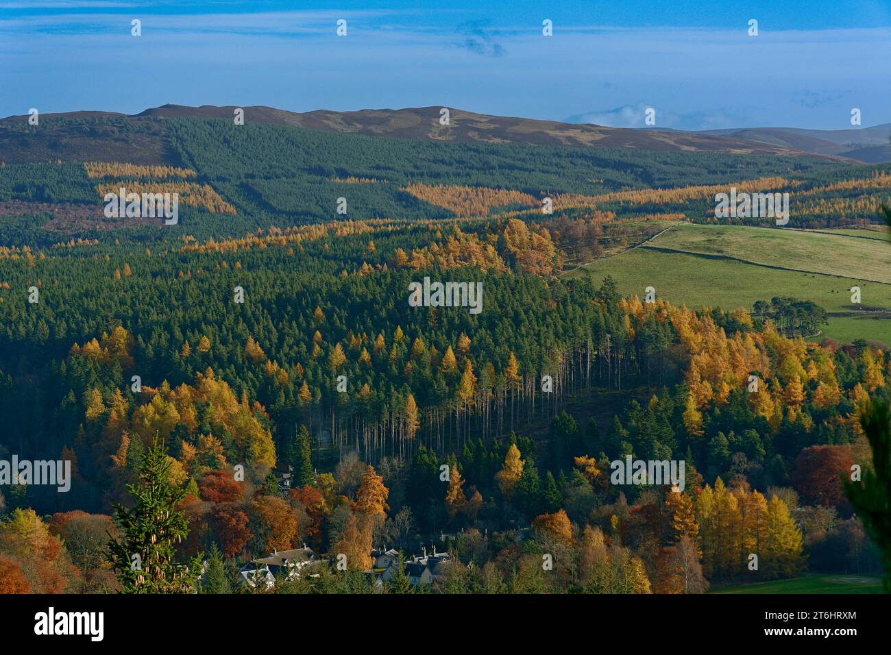 Balmoral Estates Crathie Scotland looking down the valley to estate houses with autumnal colours in the trees and leaves Stock Photo