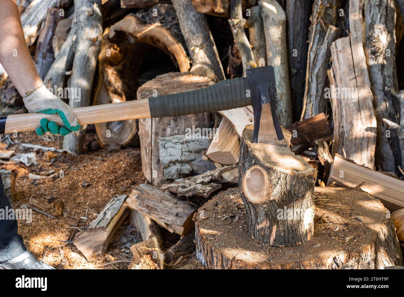 A man chops wood with an ax and cleaver. Preparing fuel for the winter. Stock Photo