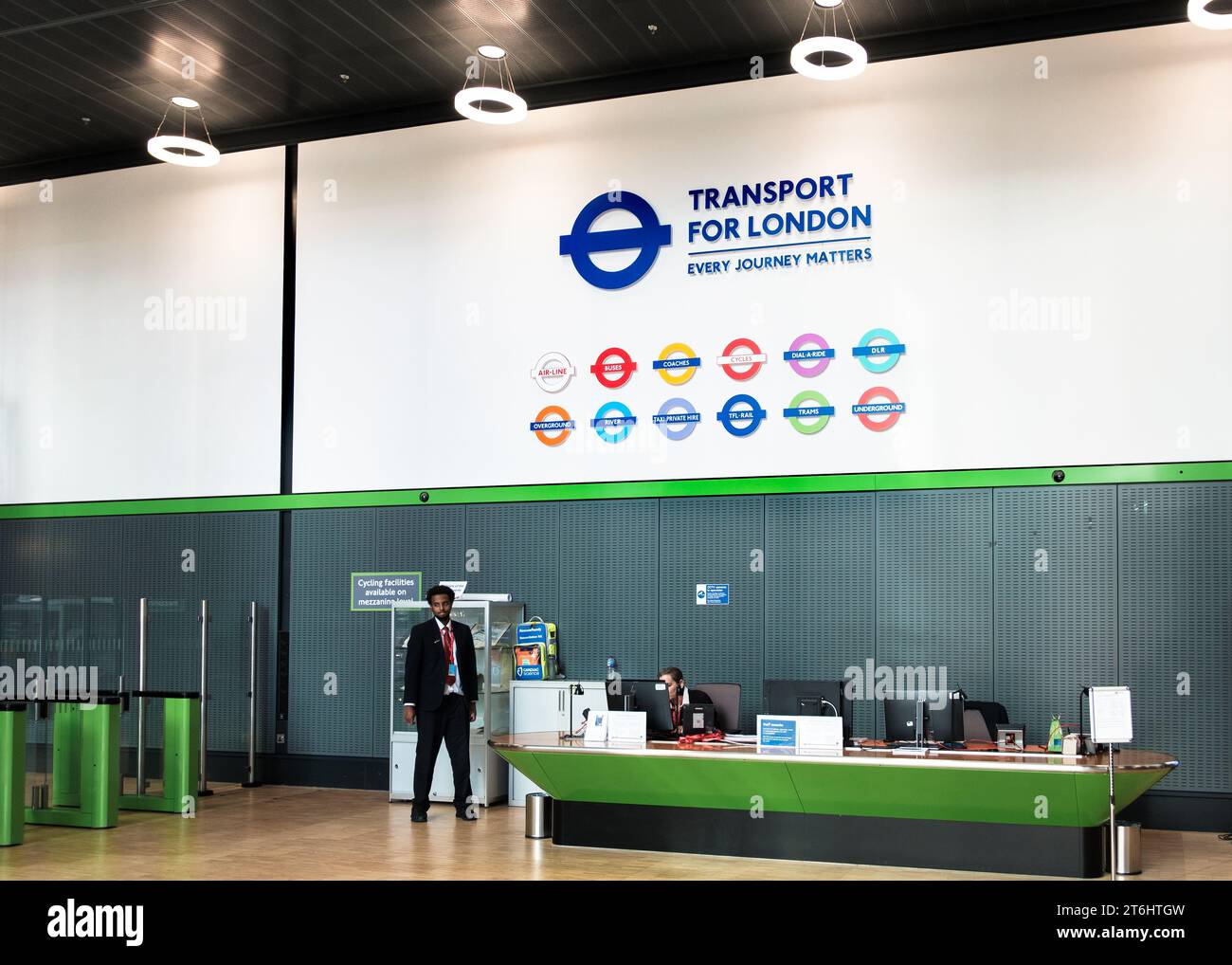 Interior, logos and reception area of Transport for London, TFL, building in the International Quarter, Olympic Park, East London Stock Photo