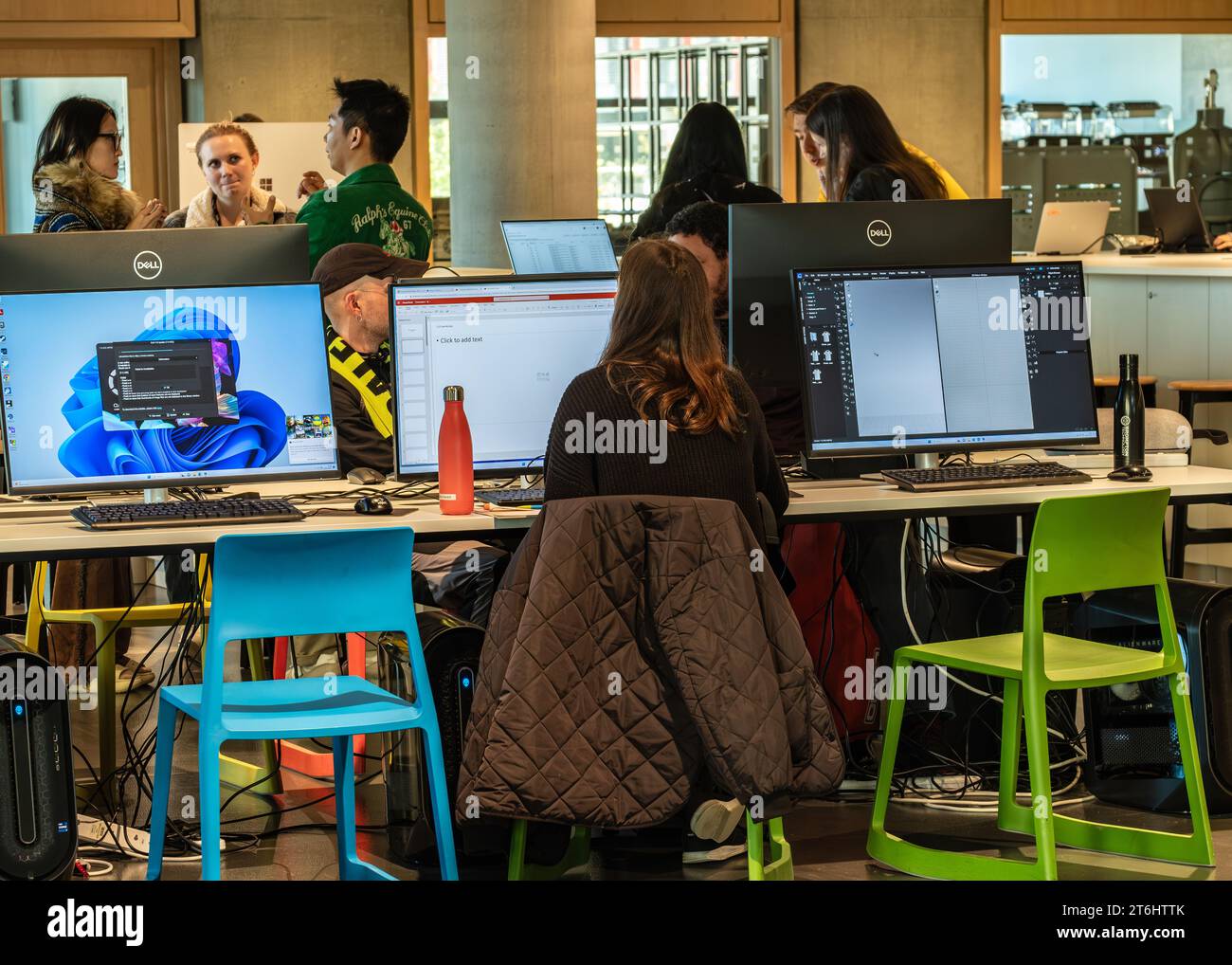 Students working inside the University of the Arts London UAL building on East Bank, Olympic Park, Stratford Stock Photo