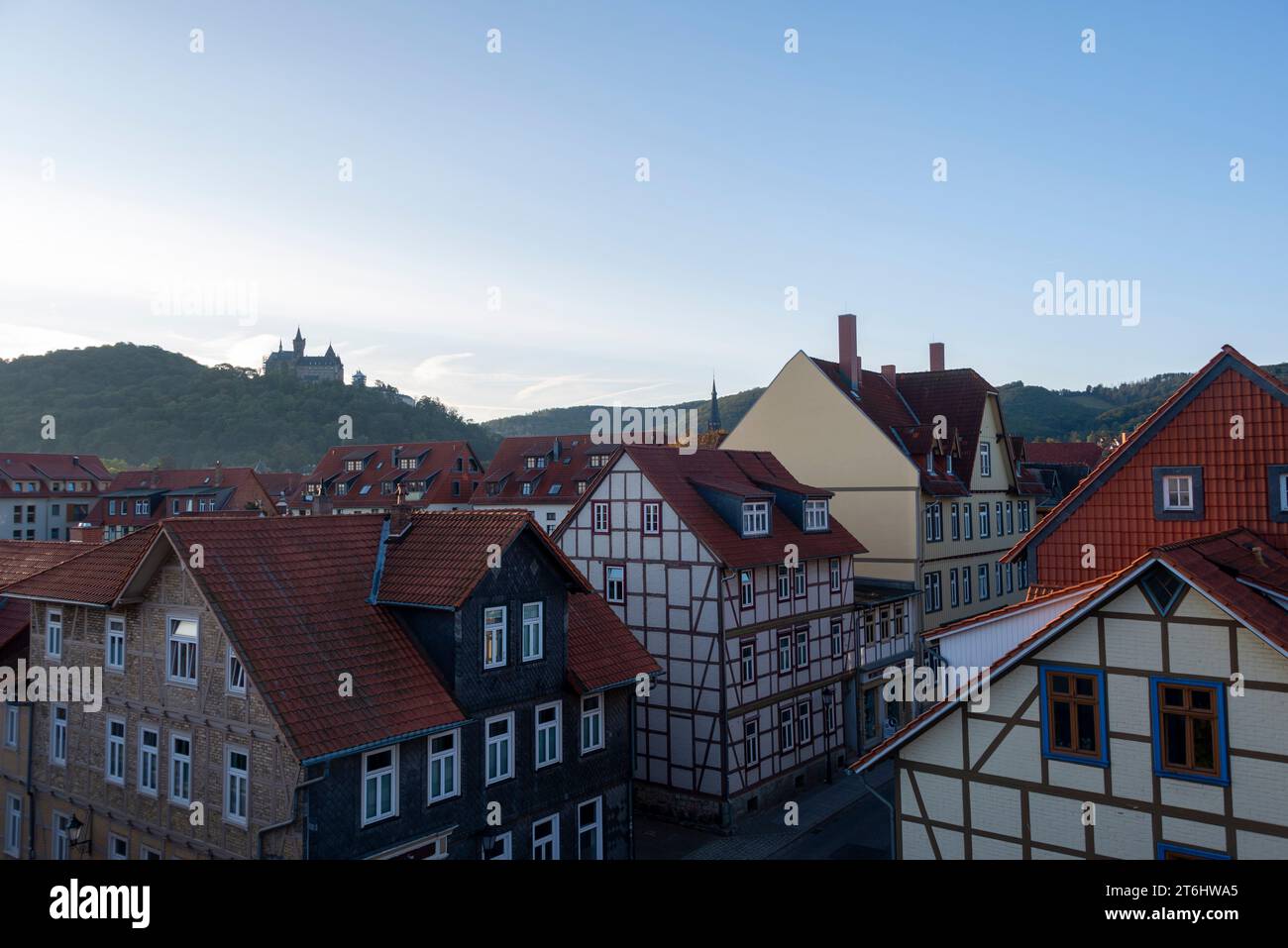 Half-timbered houses, behind Wernigerode Castle Stock Photo