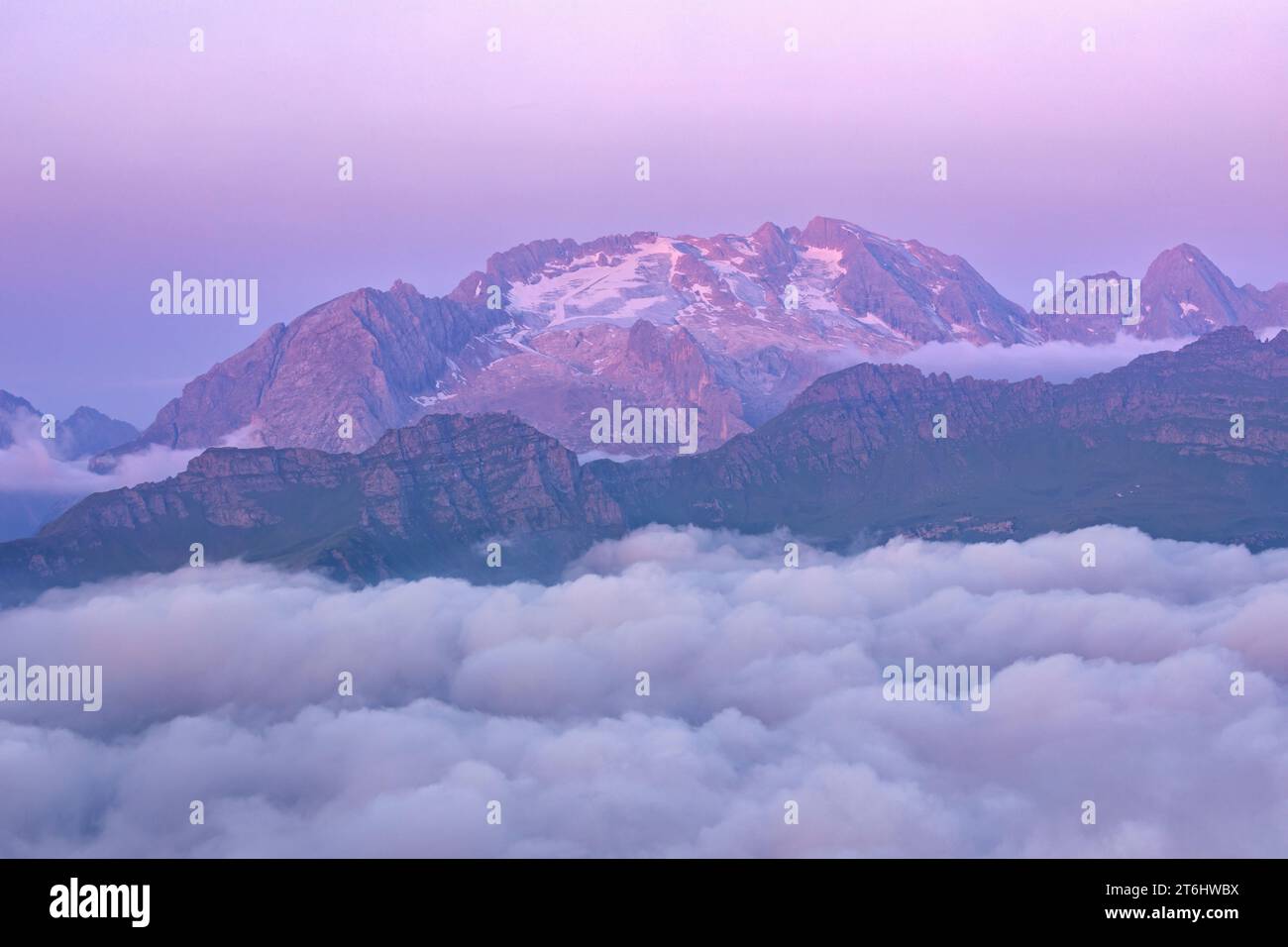 Italy, Veneto, province of Belluno, Marmolada (side between the provinces of Belluno and Trento) emerging from a carpet of clouds at dawn, Dolomites Stock Photo