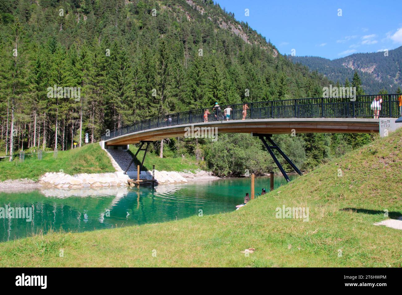 Newly built canal bridge bridging the water connection between Plansee and Heiterwanger See, Heiterwang, Tyrol, Austria. Stock Photo