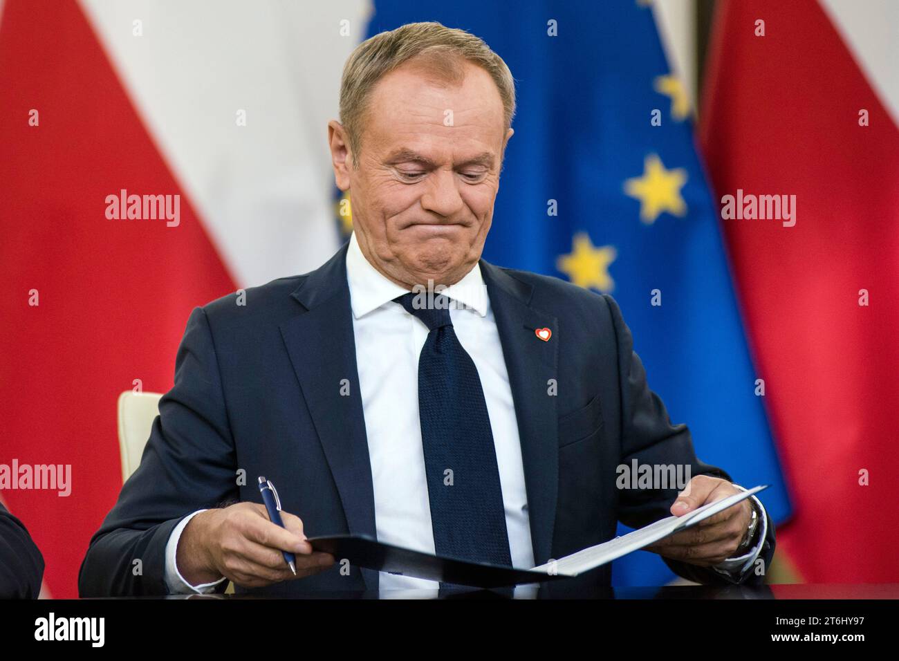 Donald Tusk, leader of the Civic Coalition, signs the coalition agreement in the Parliament. The leaders of Polish opposition parties have signed a coalition agreement that lays out a road map for governing the nation over the next four years. The parties collectively won a majority of votes in last month's parliamentary election. Their candidate to be the next prime minister is Donald Tusk, a former prime minister who leads the largest of the opposition parties, the centrist Civic Platform. Tusk said the parties worked to seal their agreement a day before the Independence Day holiday, adding Stock Photo