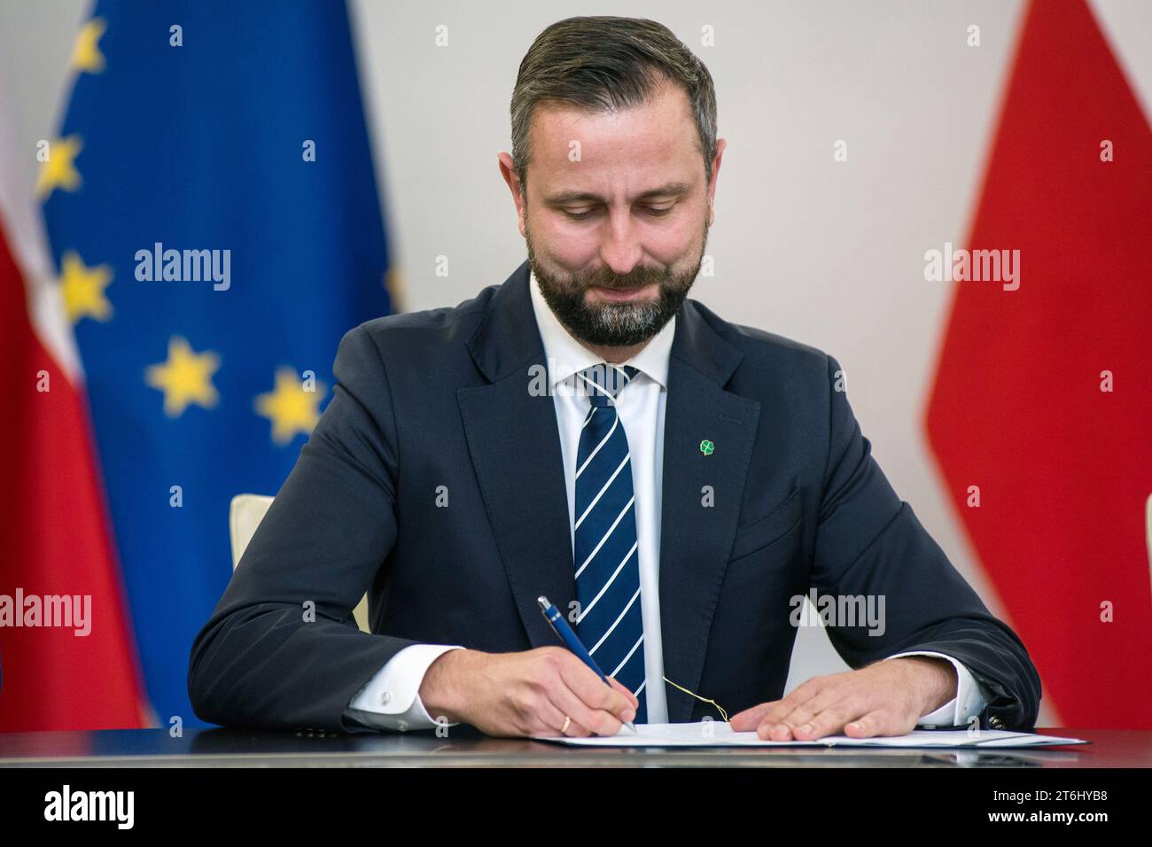 Wladyslaw Kosiniak-Kamysz, leader of the Polish People's Party, signs the coalition agreement in the Parliament. The leaders of Polish opposition parties have signed a coalition agreement that lays out a road map for governing the nation over the next four years. The parties collectively won a majority of votes in last month's parliamentary election. Their candidate to be the next prime minister is Donald Tusk, a former prime minister who leads the largest of the opposition parties, the centrist Civic Platform. Tusk said the parties worked to seal their agreement a day before the Independence Stock Photo