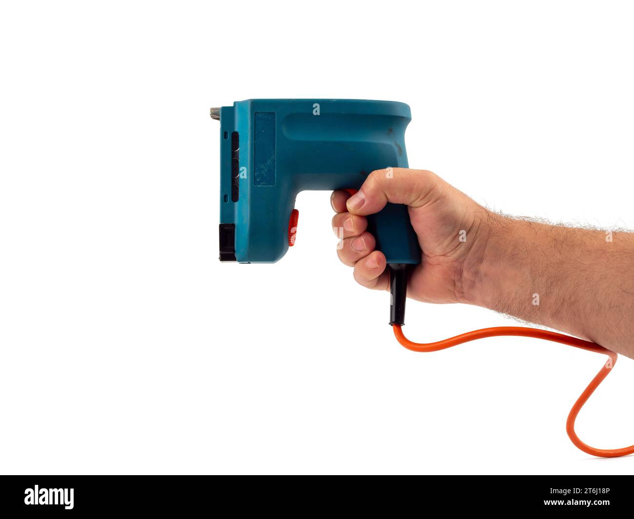 Electric stapler on a white background. Electric staple gun close-up. Stock Photo