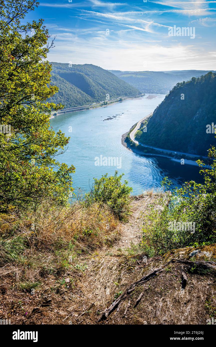 View of the Rhine towards Oberwesel from the Spitznack plateau, seen from a prominent rocky outcrop, Stock Photo
