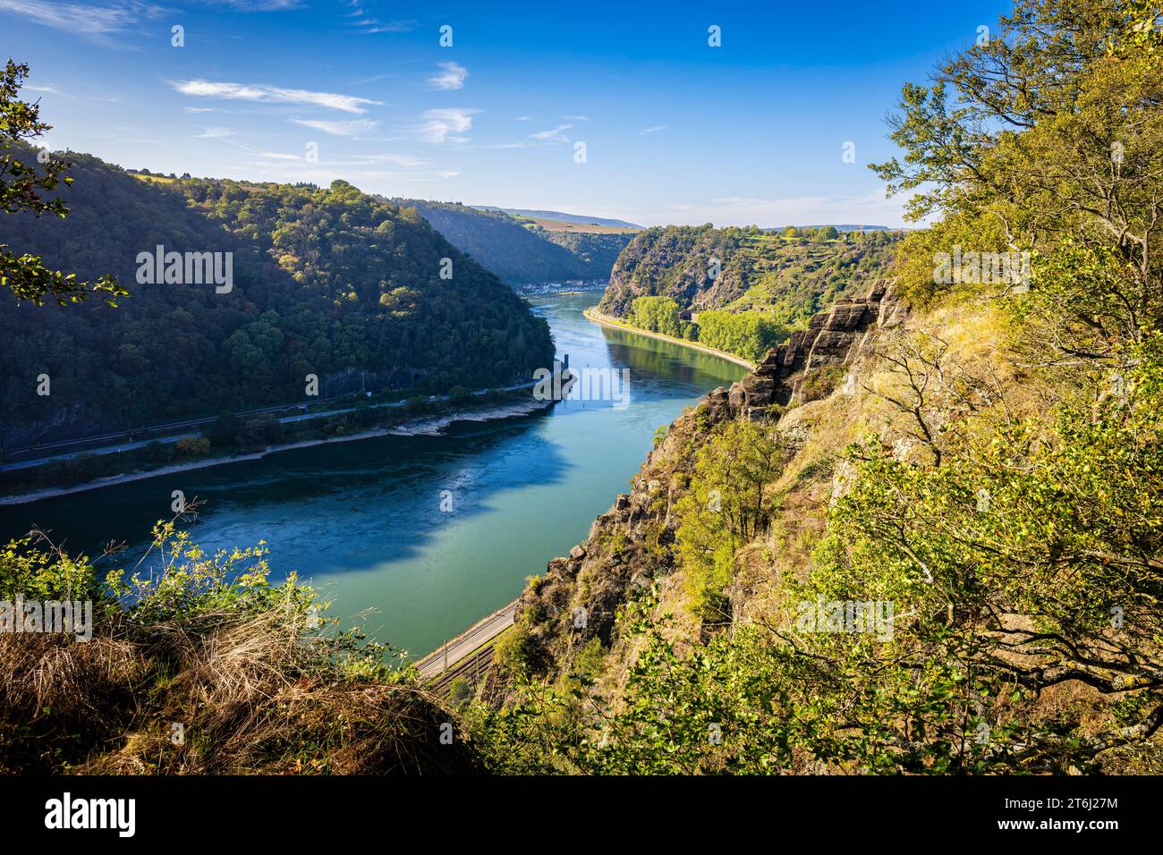 Rhine bend between Spitznack and the Loreley in the upper Middle Rhine Valley, Stock Photo