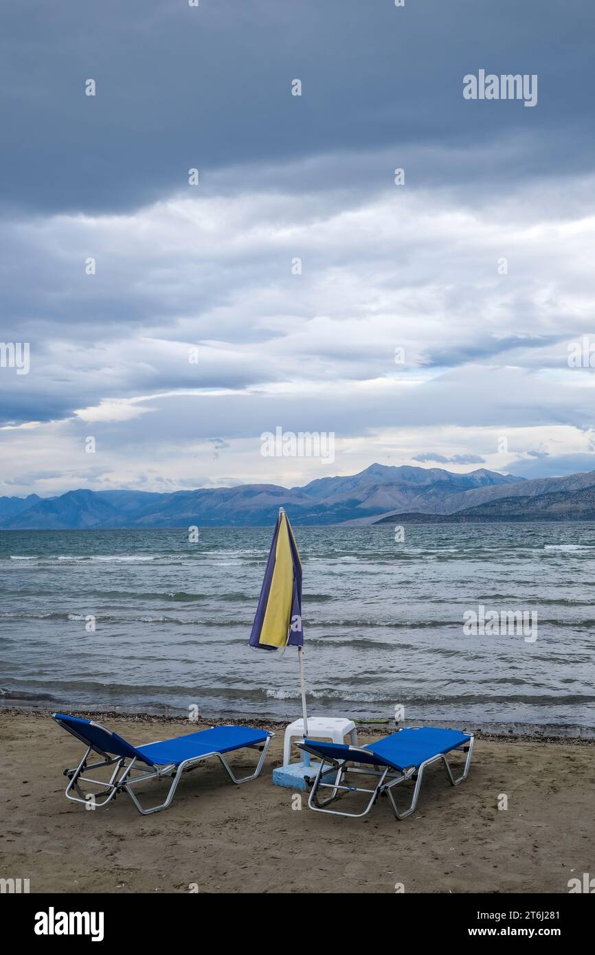 Kalamaki, Corfu, Greece, view from Kalamaki beach in the northeast of the Greek island Corfu over the Ionian Sea towards mainland Albania. Stock Photo