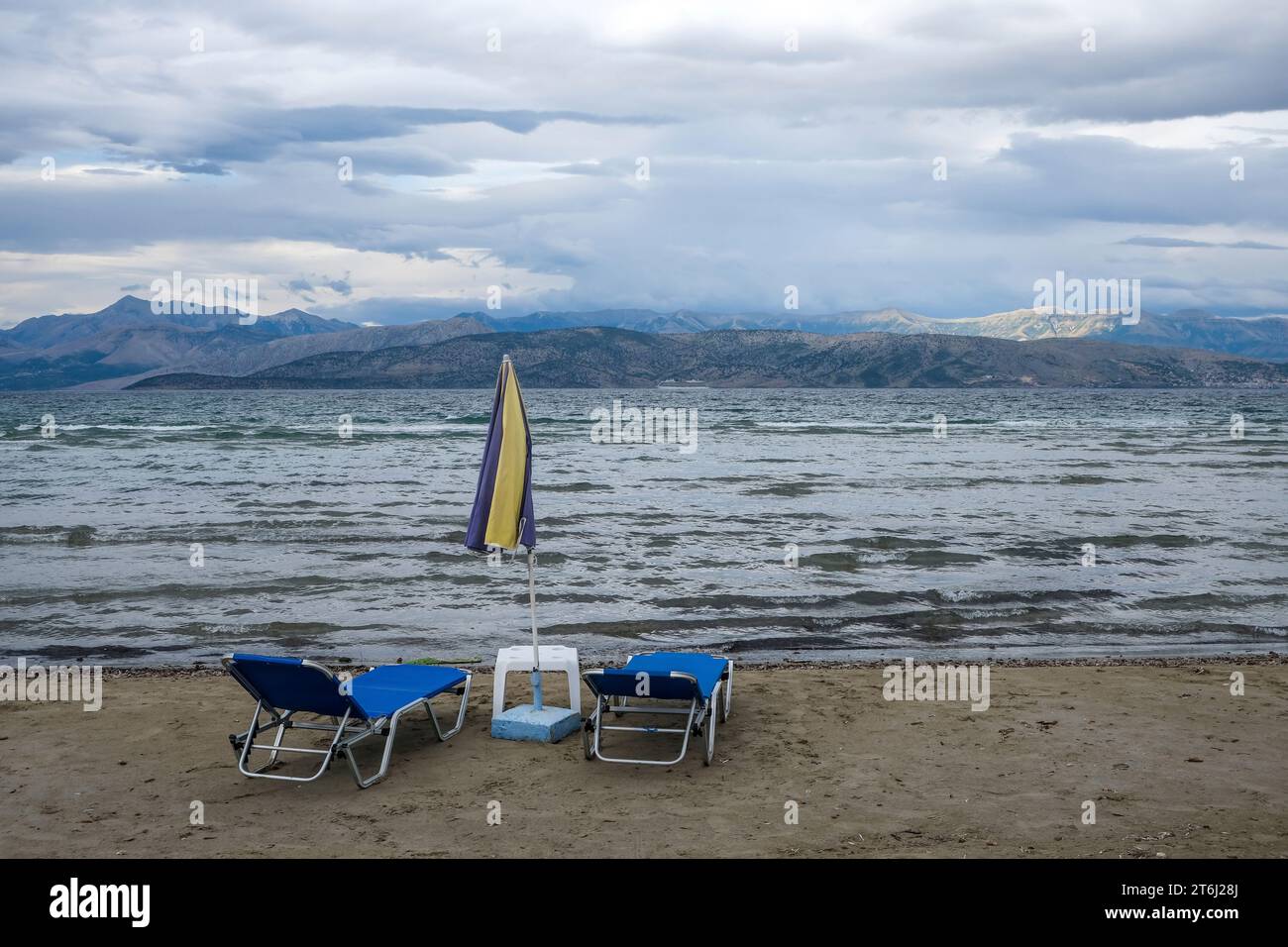 Kalamaki, Corfu, Greece, view from Kalamaki beach in the northeast of the Greek island Corfu over the Ionian Sea towards mainland Albania. Stock Photo