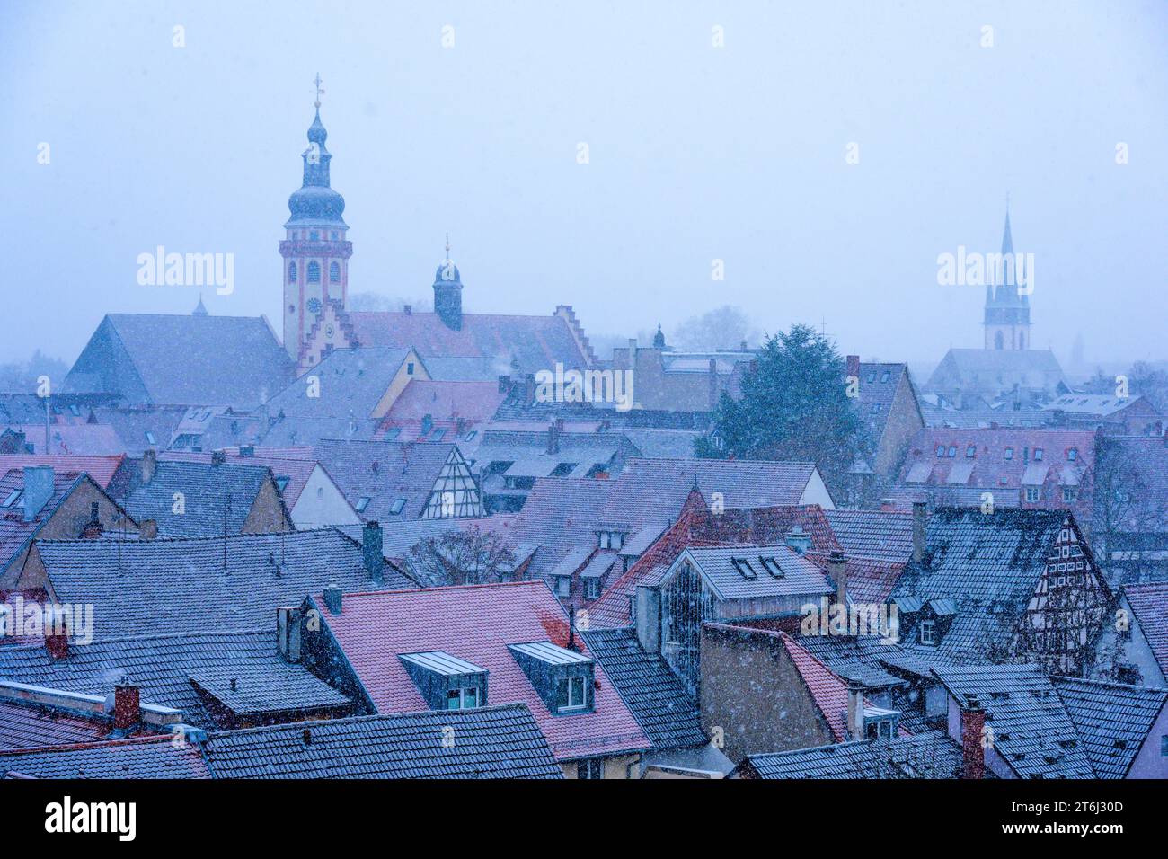 Germany, Baden-Wuerttemberg, Karlsruhe, Durlach, snow shower over the old town. Stock Photo