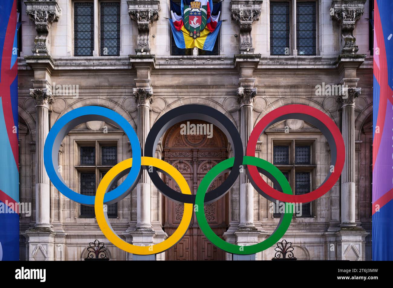 Logo, Rugb, World Cup, World Cup 2023, Olympic Rings, Olympic Games, Logo, on the occasion of the 2024 Olympics in Paris, City Hall, Hotel de Ville, Paris, France Stock Photo