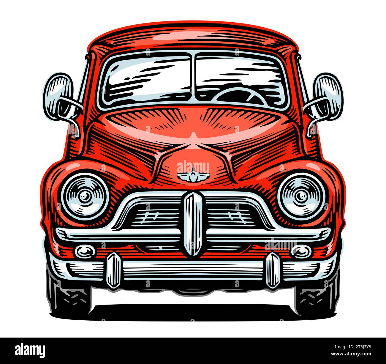 Hand drawn classic retro red car, front view. Transport vector