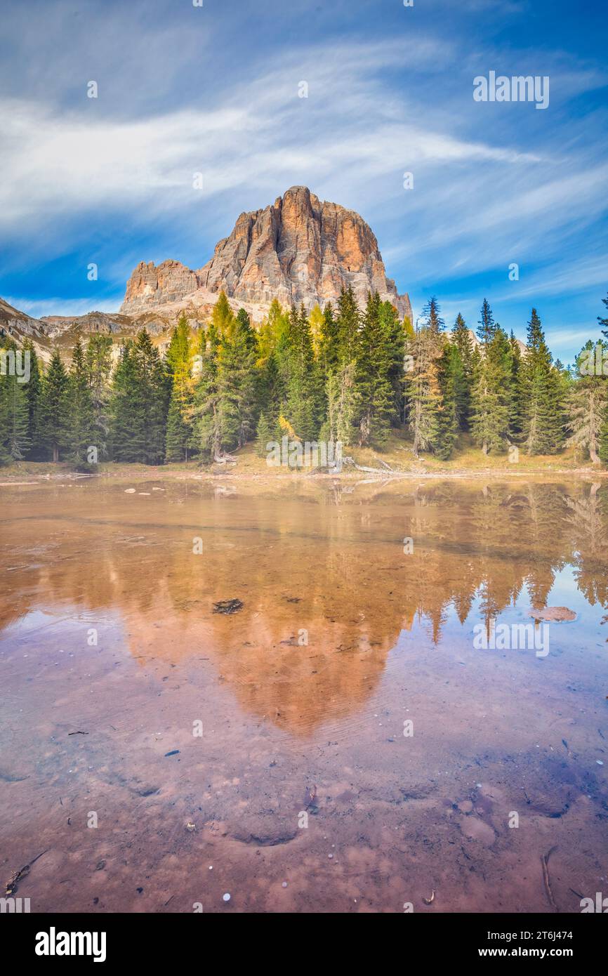 Italy, Veneto, Cortina d'Ampezzo, the small lake of Bain de Dones and the Tofana di Rozes, Dolomites Stock Photo