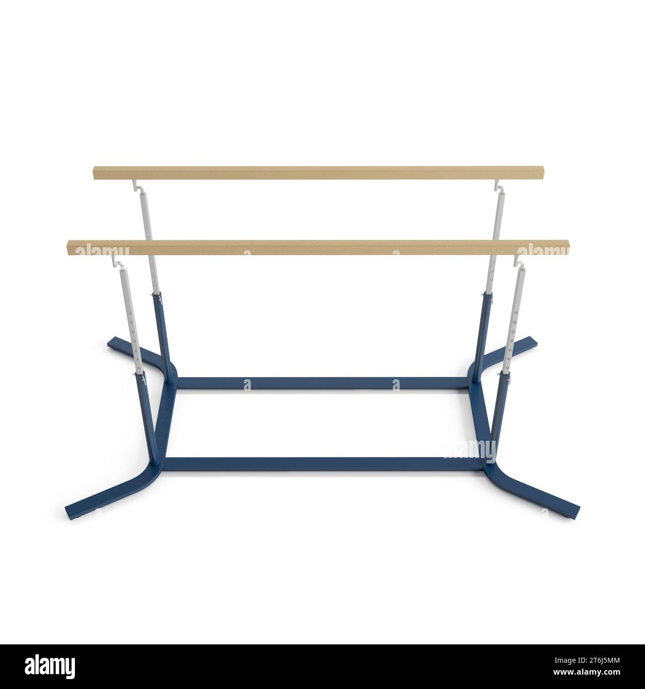 A brightly lit white podium featuring gymnastic parallel bars attached