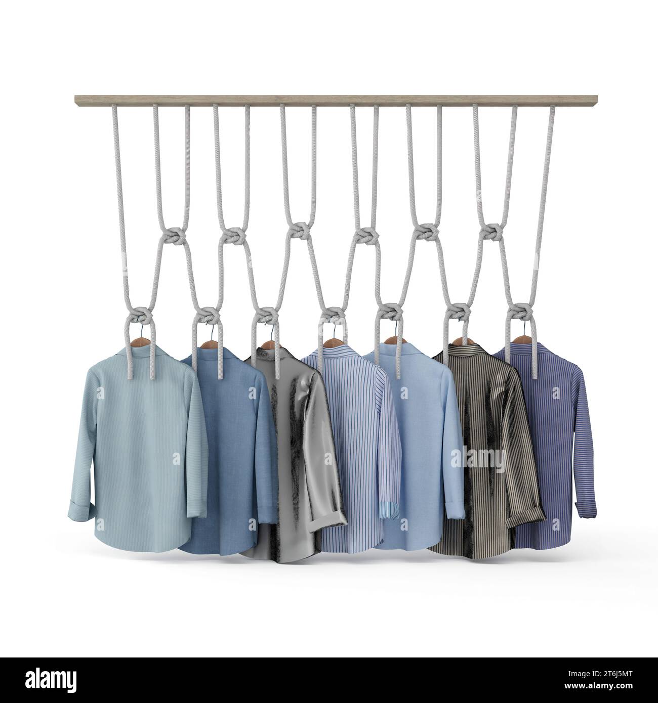 A series of men's shirts in colors of blue, grey and white are arranged in a line on a clothes rack Stock Photo