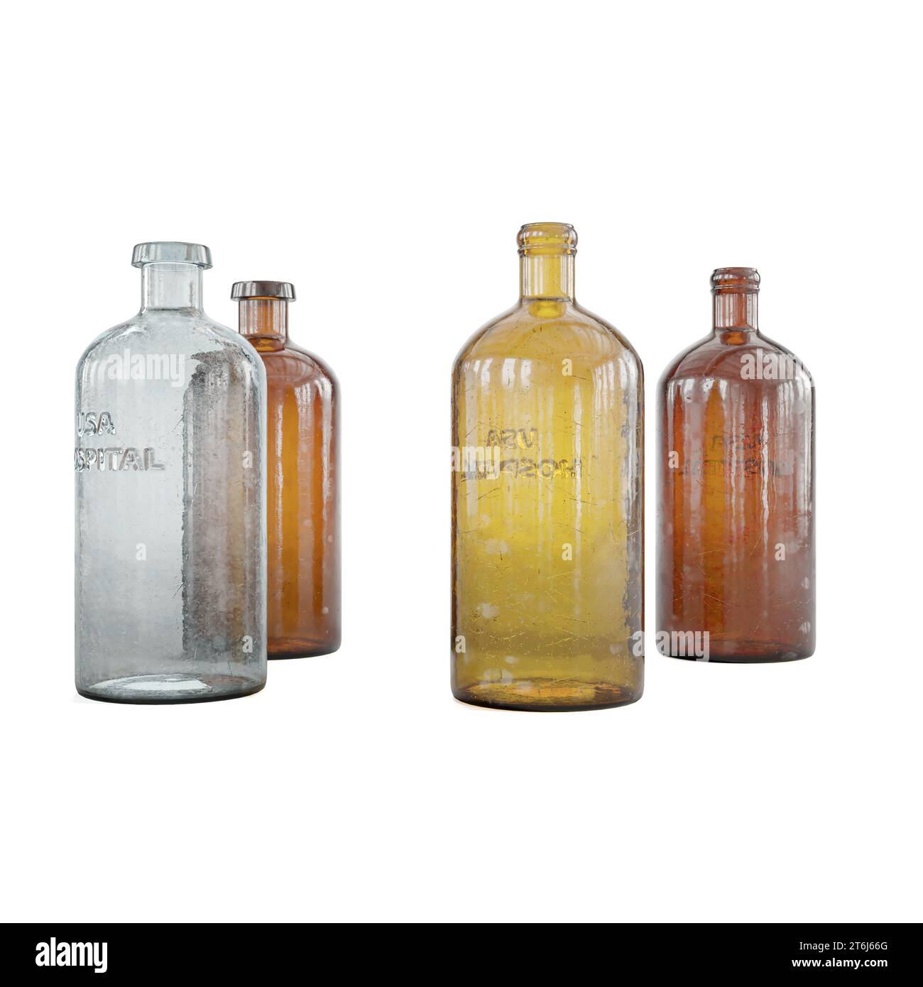 Three vintage glass bottles of varying sizes and shapes, isolated against a white background Stock Photo