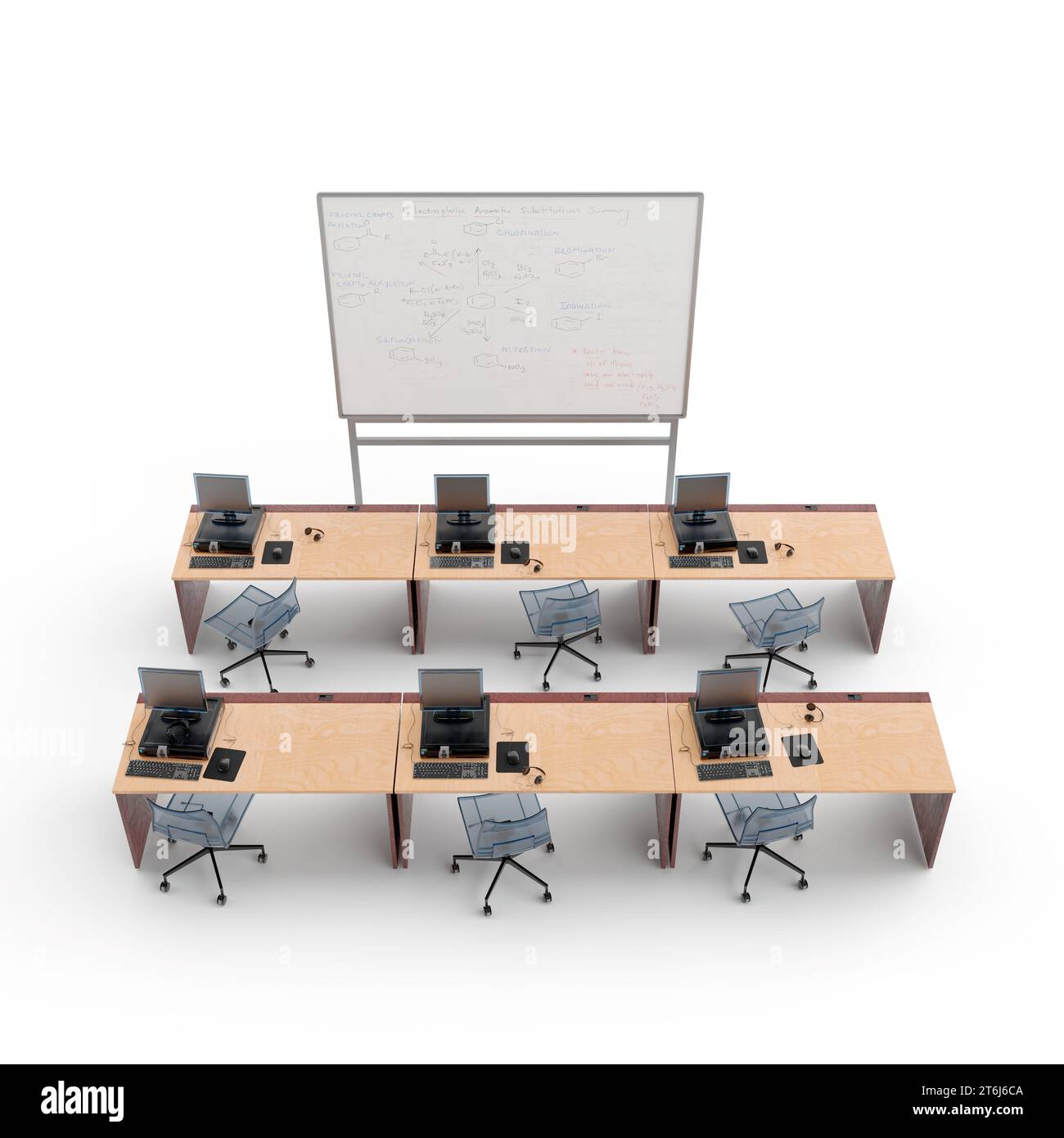This image depicts a modern conference room with three desks arranged in a semicircle