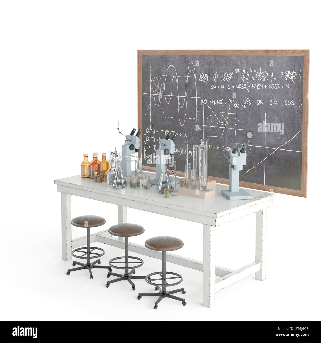 A modern science laboratory with a variety of laboratory furniture and equipment including a blackboard Stock Photo