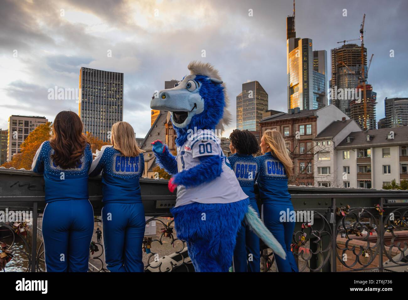 The cheerleaders and the Indianapolis Colts mascot parade through Frankfurt am Main. On Sunday, 12 November 2023, the two NFL football teams of the Stock Photo