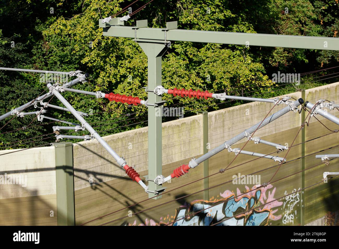 Power line, power pylons, railway system Stock Photo