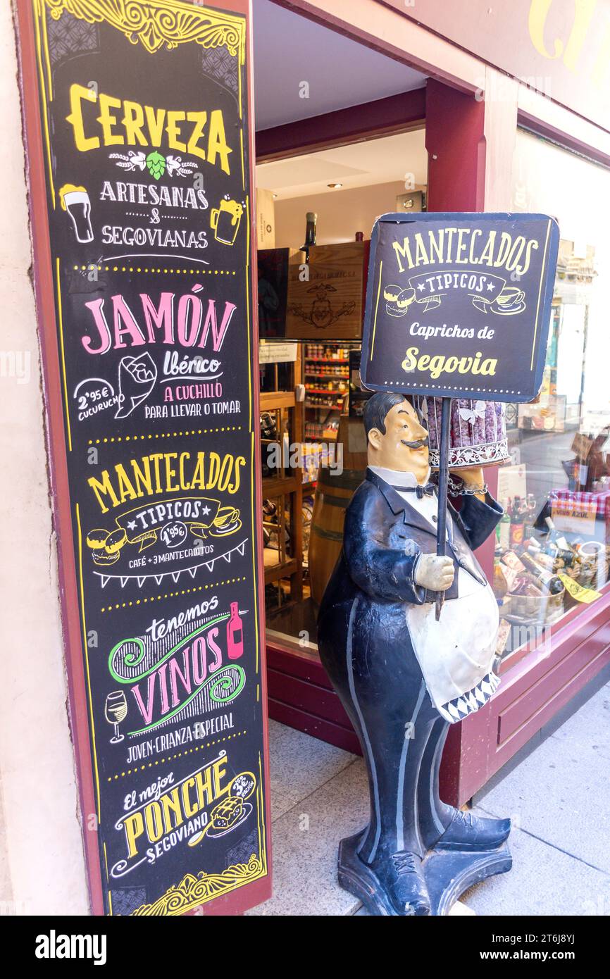 Shop serving Spanish Mantecados cookies and other local foods, Calle José Canalejas, Segovia, Castile and León, Kingdom of Spain Stock Photo