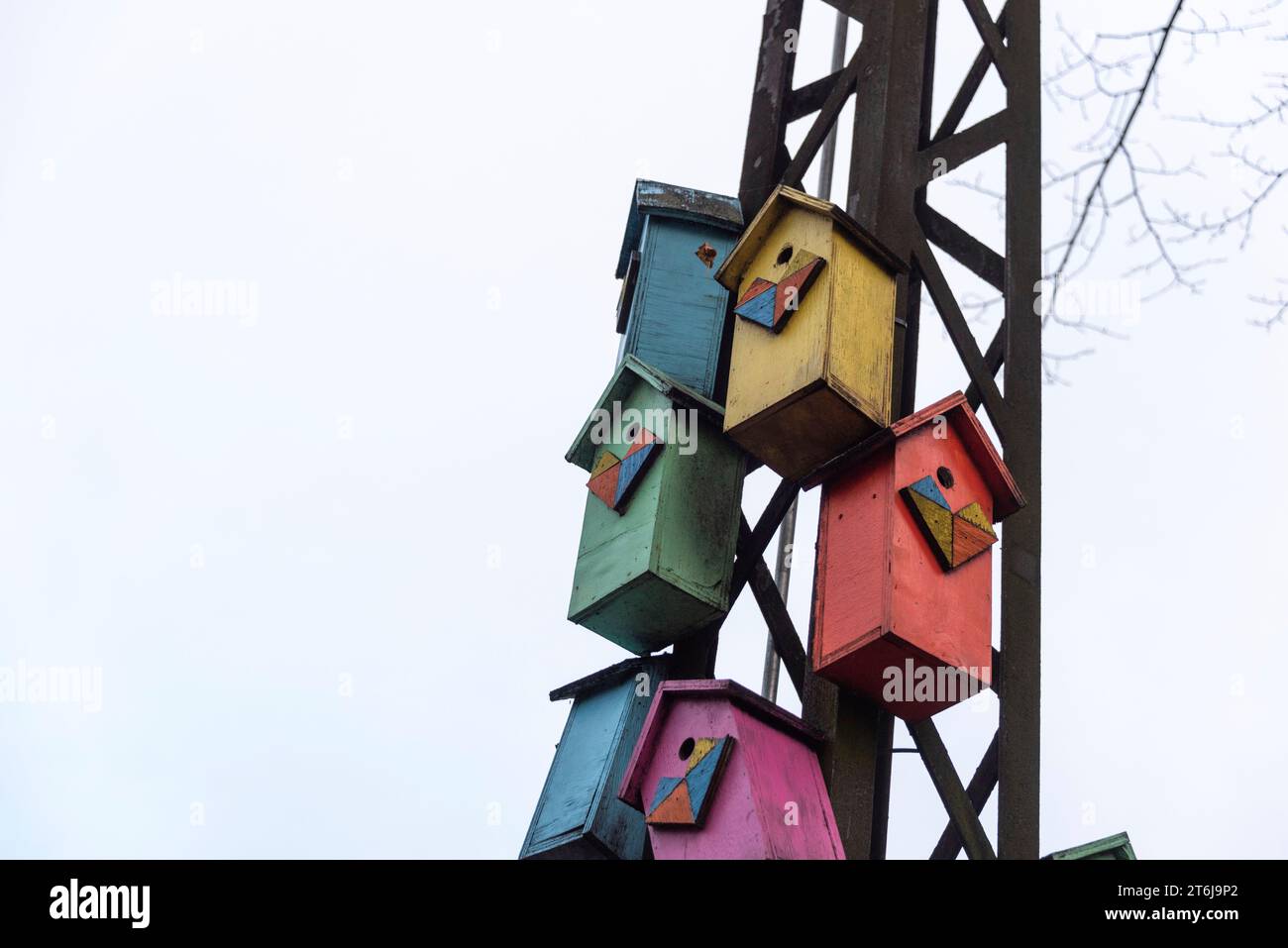Birdhouses hanging from an old electricity pole, Copenhagen, Denmark Stock Photo