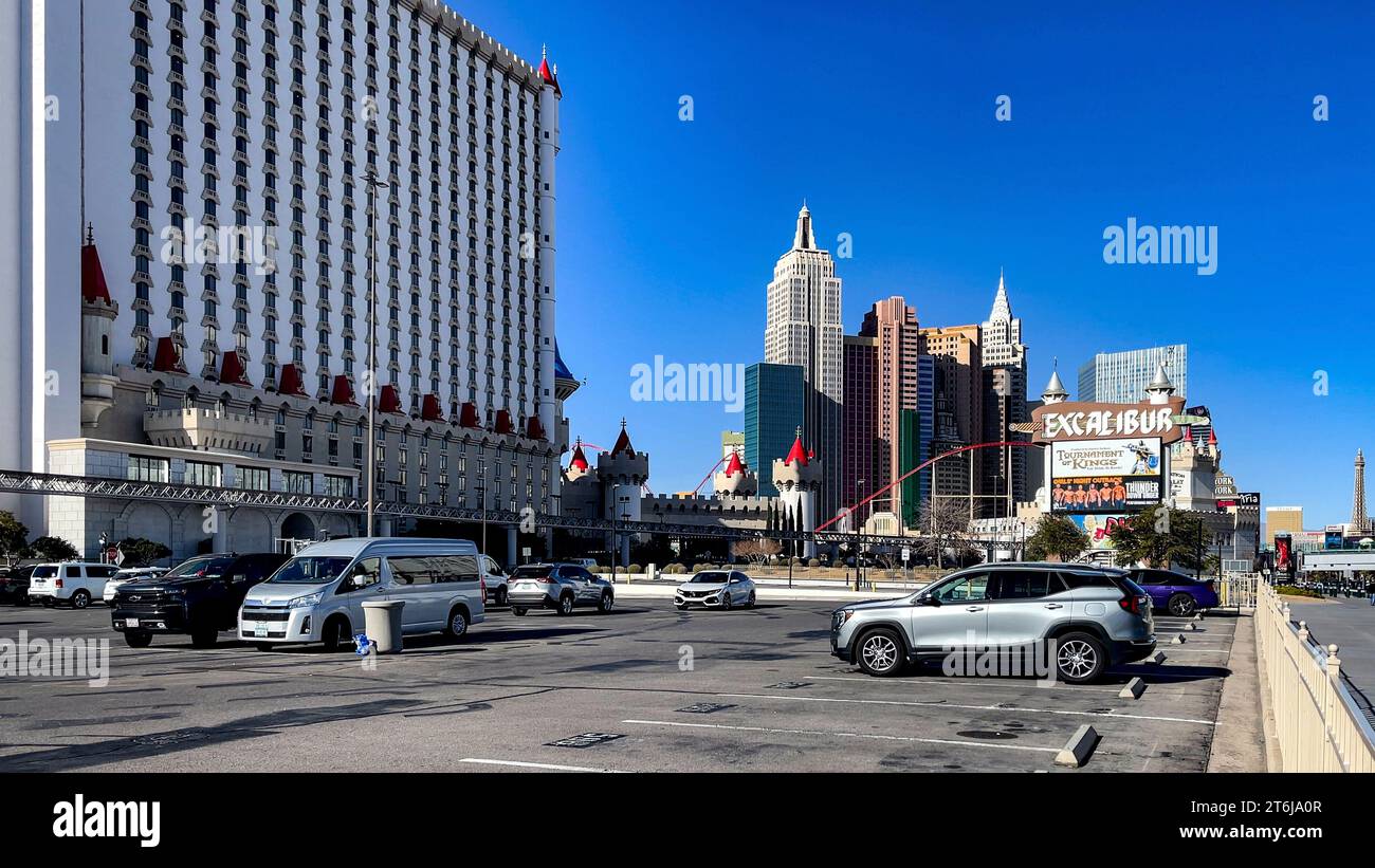 Las Vegas, USA; October 22, 2023: The parking lot of the Excalibur casino hotel on the Las Vegas Strip, with the New York New York casino in the backg Stock Photo