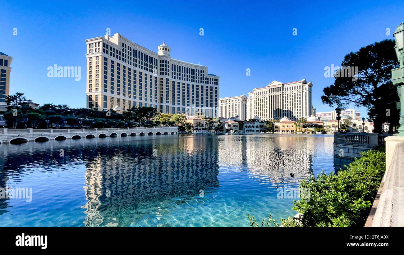 Las Vegas, USA; October 22, 2023: The famous Bellagio casino hotel on the Las Vegas Strip, with the Caesars casino in the background. Stock Photo