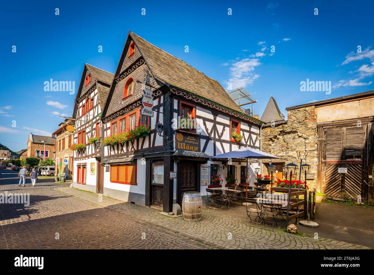 Half-timbered houses in Oberstrasse in Bacharach on the Middle Rhine, here Kurpfälzische Münze, Stock Photo