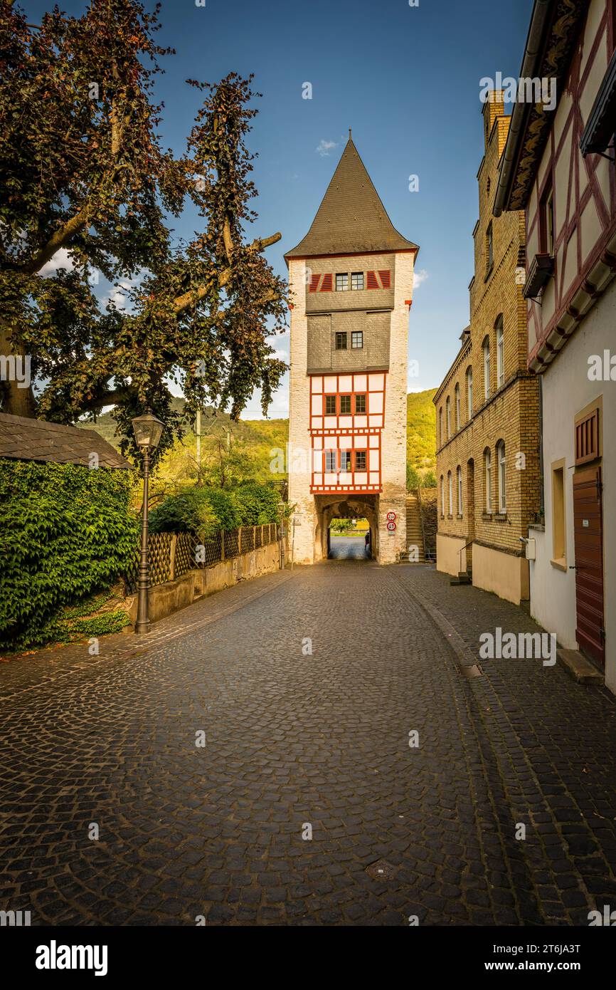 Mint tower in Bacharach on the Middle Rhine, street 'Auf der Münze', gateway to the Rhine, Stock Photo
