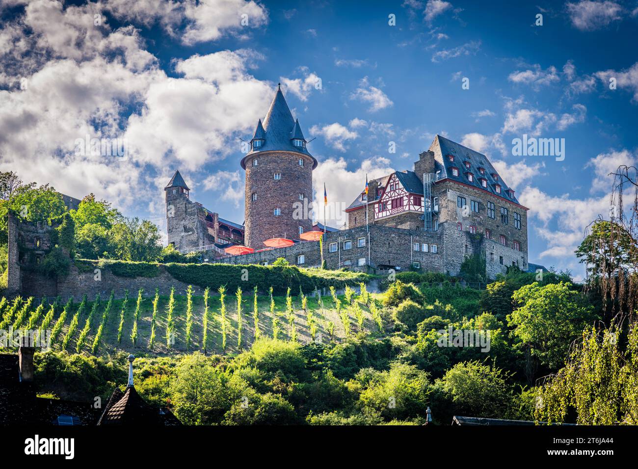 The city of Bacharach on the Middle Rhine, Stahleck Castle and several city towers frame the core city, Werner Chapel and St. Peter stand out, Stock Photo