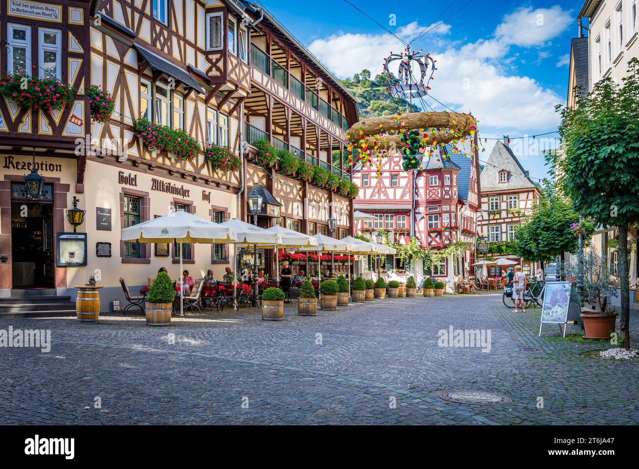 City of Bacharach on the Middle Rhine, old half-timbered houses in the core city, 'Altkölnischer Hof' and 'Altes Haus'. Stock Photo