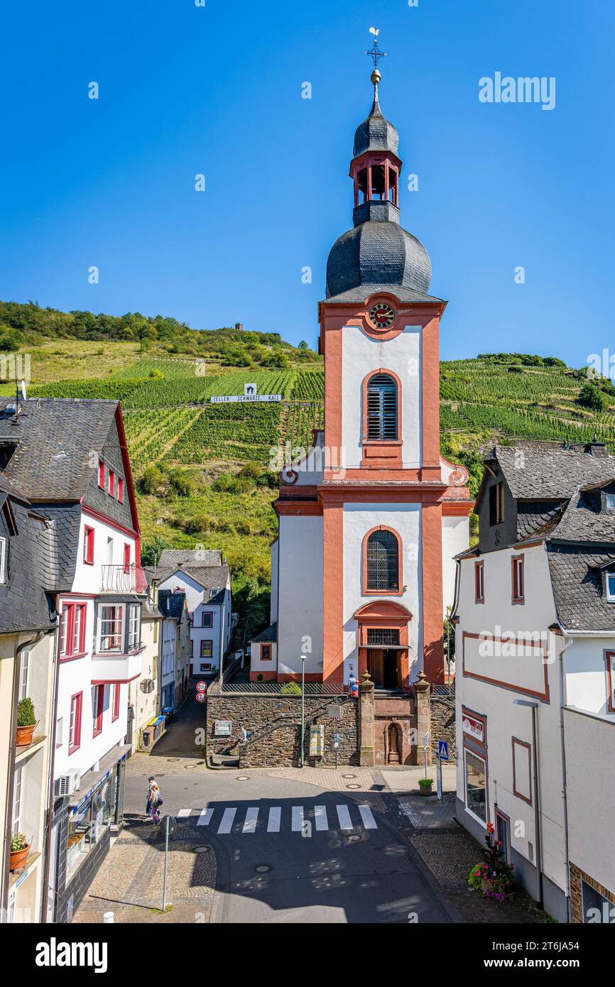 Catholic parish church St. Peter in Zell an der Mosel, town with a long history of viticulture at the picturesque Mosel bend at the Zeller Hamm and the famous wine 'Zeller Schwarze Katz', view from the pedestrian bridge, Stock Photo