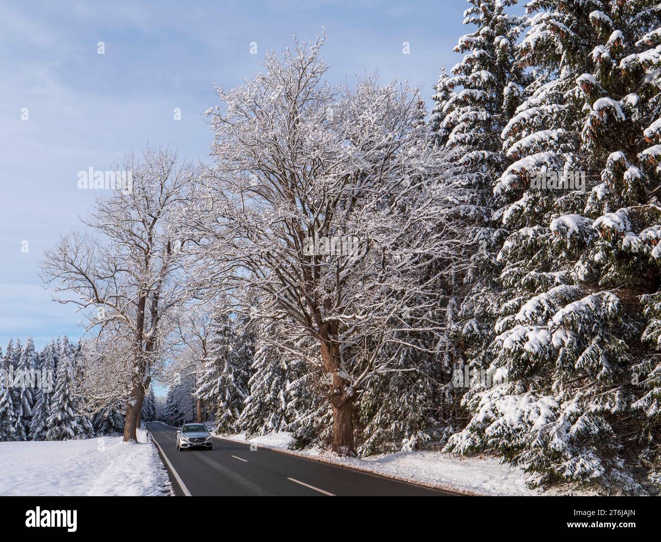 winter snowy landscape with road B 27 near Elend, Harz Mountains Stock Photo