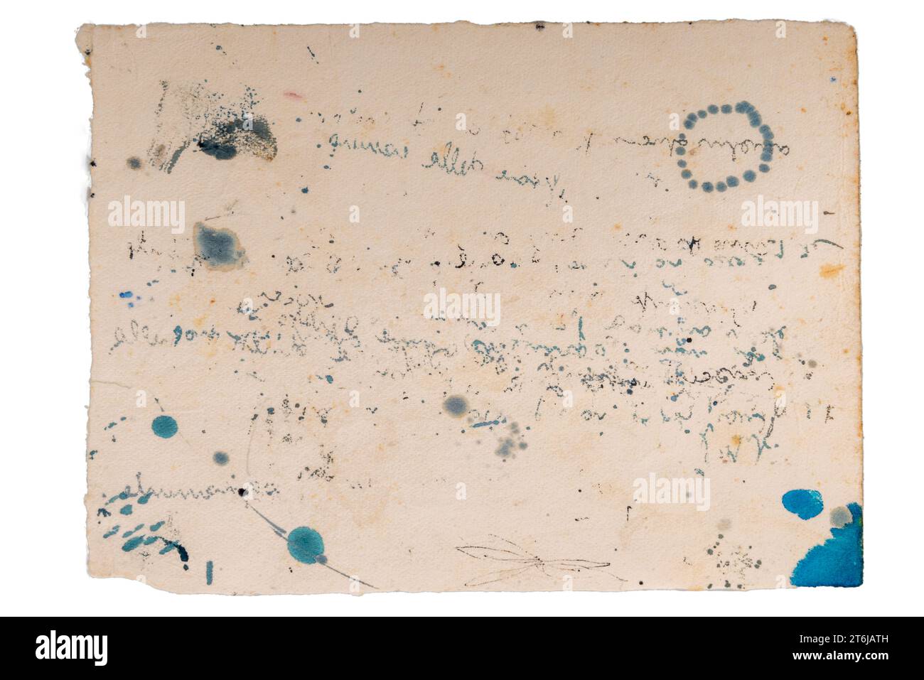 Old blotting paper with blue ink stains and writing traces, texture cut
